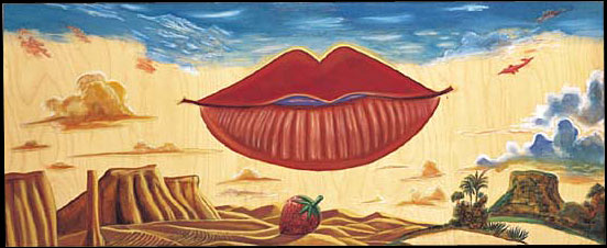 Sensorial Lips: Egg tempera and oil on found wooden board, 36cm x 86cm Appeared as inside-cover artwork on CD jacket for UA's "Turbo." Copyright Walderedo de Oliveira